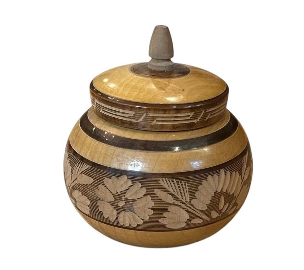 Vintage 1996 Hand Carved flowers Trinket Box Wooden Mexico Signed 4.5” Tall Tan